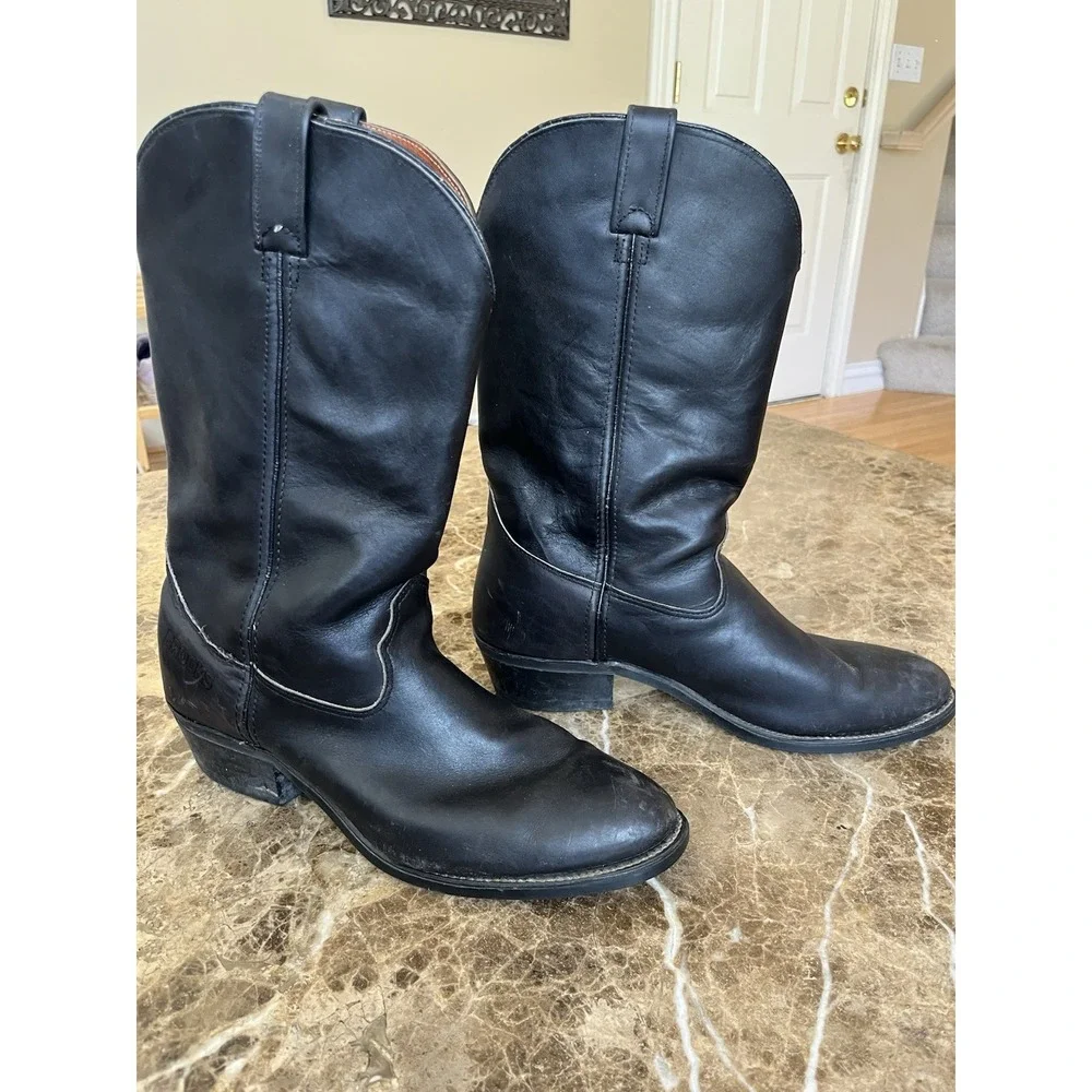 Brooks Leather Cowboy Boots 11.5  Mens Black Mid Calf Western Square Toe FLT-FPL